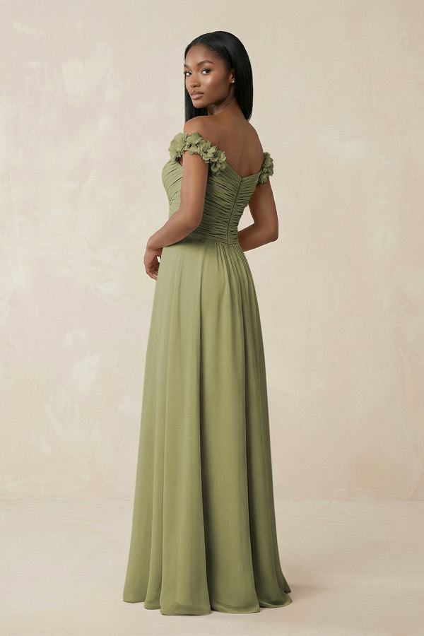 Pleated Off - the - Shoulder A - Line Chiffon Bridesmaid Dress in Moss Green - KissProm Bridesmaid Dresses