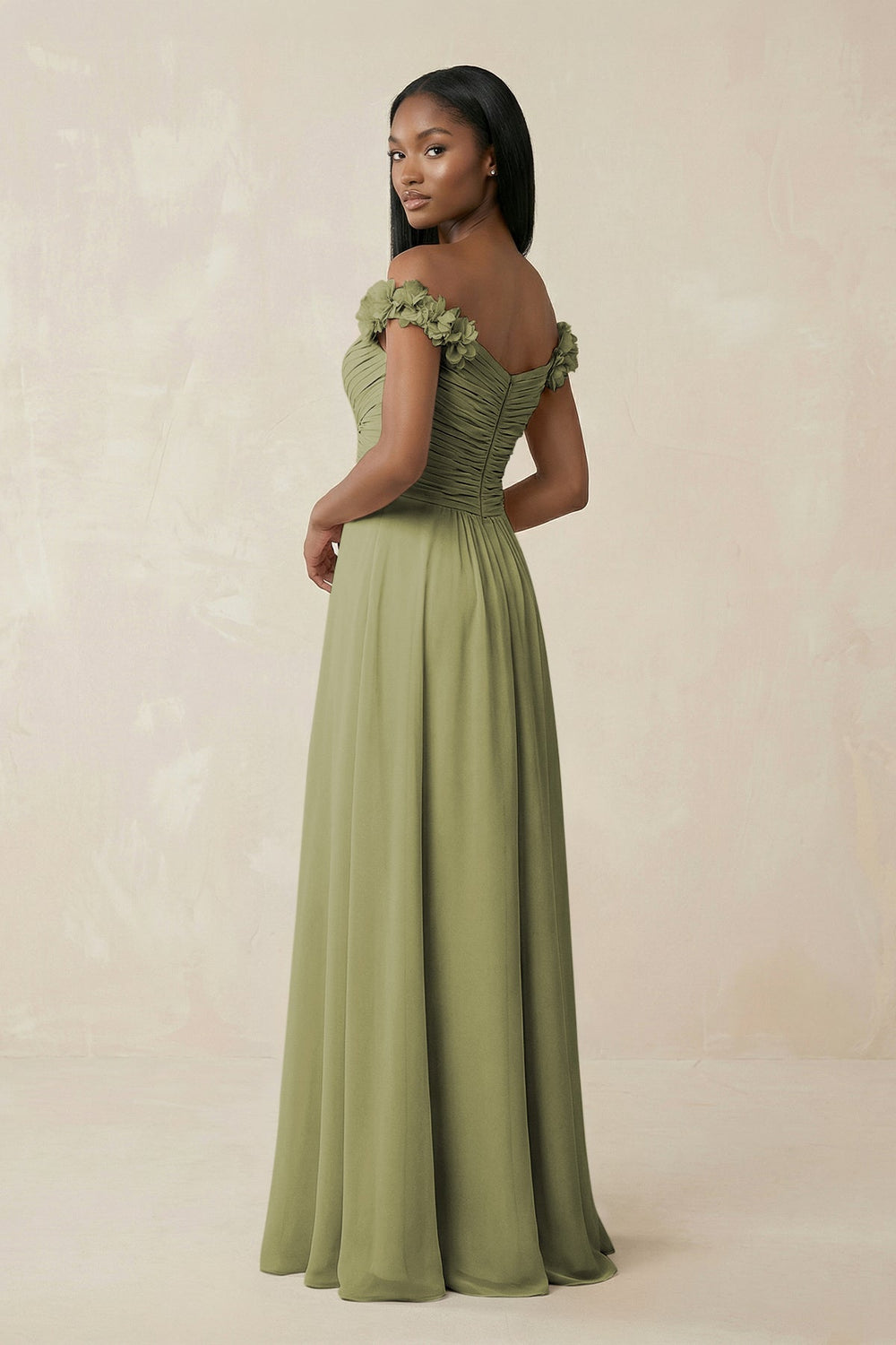 Pleated Off - the - Shoulder A - Line Chiffon Bridesmaid Dress in Moss Green - KissProm Bridesmaid Dresses