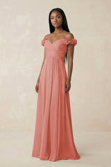 Pleated Off - the - Shoulder A - Line Chiffon Bridesmaid Dress in Mulberry - KissProm Bridesmaid Dresses