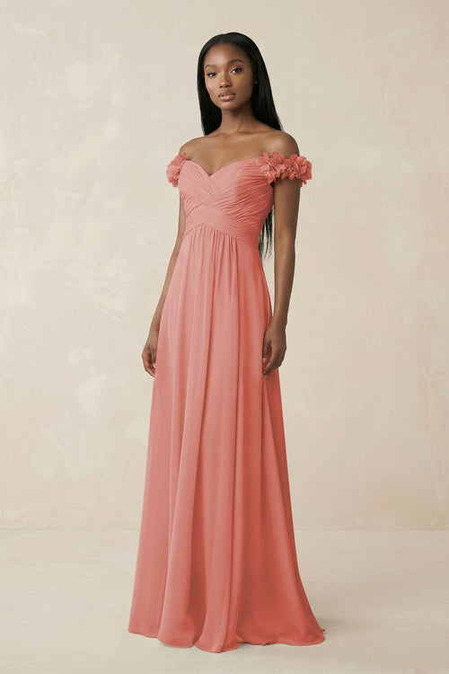 Pleated Off - the - Shoulder A - Line Chiffon Bridesmaid Dress in Mulberry - KissProm Bridesmaid Dresses
