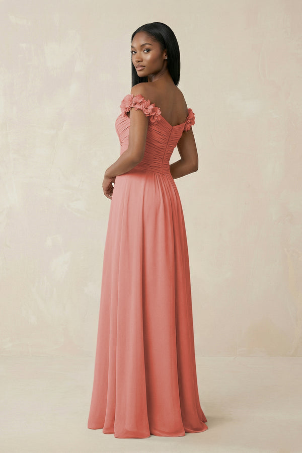 Pleated Off - the - Shoulder A - Line Chiffon Bridesmaid Dress in Mulberry - KissProm Bridesmaid Dresses