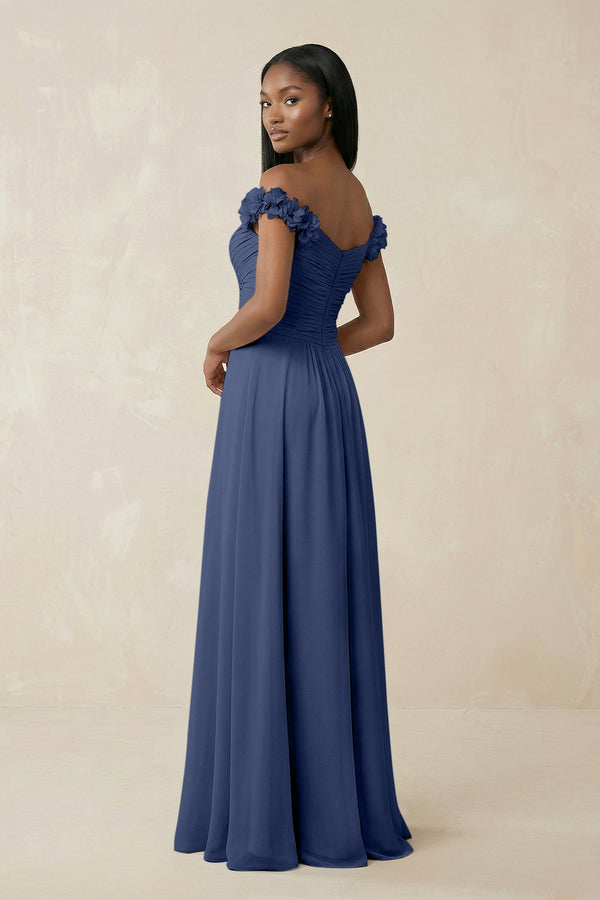 Pleated Off - the - Shoulder A - Line Chiffon Bridesmaid Dress in Navy - KissProm Bridesmaid Dresses