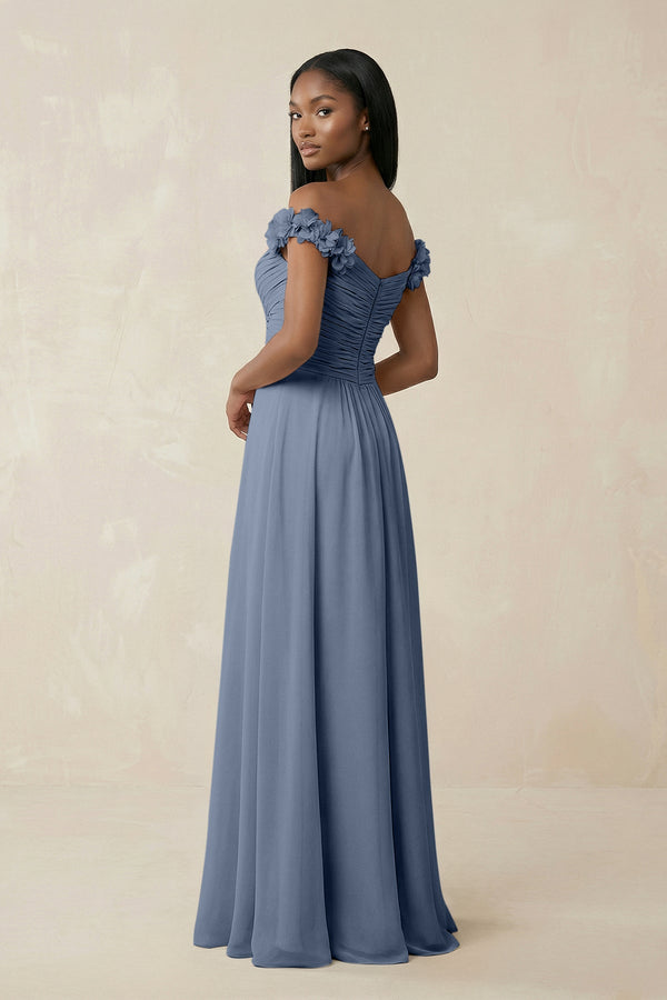 Pleated Off - the - Shoulder A - Line Chiffon Bridesmaid Dress in Neptune - KissProm Bridesmaid Dresses