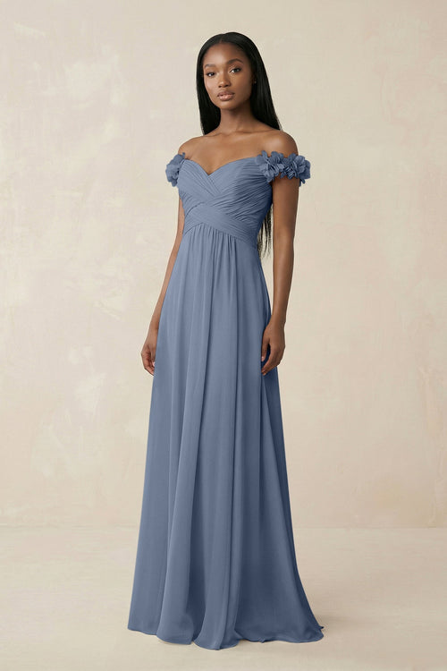Pleated Off - the - Shoulder A - Line Chiffon Bridesmaid Dress in Neptune - KissProm Bridesmaid Dresses