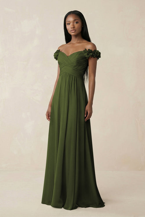 Pleated Off - the - Shoulder A - Line Chiffon Bridesmaid Dress in Olive - KissProm Bridesmaid Dresses