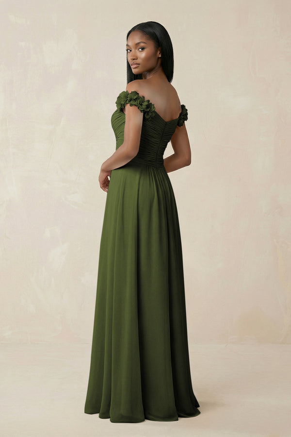 Pleated Off - the - Shoulder A - Line Chiffon Bridesmaid Dress in Olive - KissProm Bridesmaid Dresses