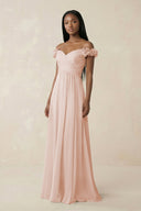 Pleated Off - the - Shoulder A - Line Chiffon Bridesmaid Dress in Pale Blush - KissProm Bridesmaid Dresses