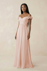 Pleated Off - the - Shoulder A - Line Chiffon Bridesmaid Dress in Pale Blush - KissProm Bridesmaid Dresses