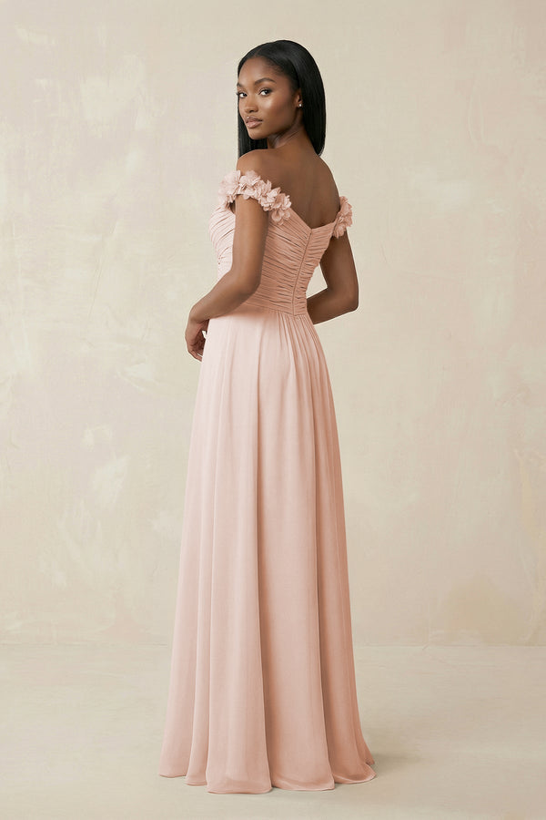 Pleated Off - the - Shoulder A - Line Chiffon Bridesmaid Dress in Pale Blush - KissProm Bridesmaid Dresses