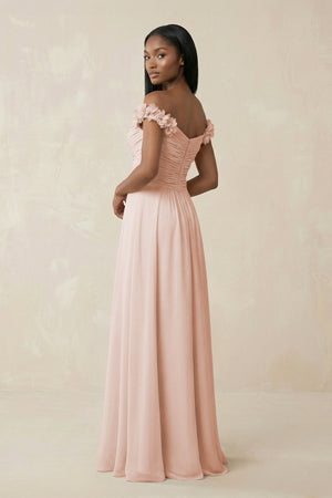 Pleated Off - the - Shoulder A - Line Chiffon Bridesmaid Dress in Pale Blush - KissProm Bridesmaid Dresses