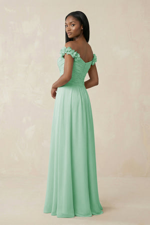 Pleated Off - the - Shoulder A - Line Chiffon Bridesmaid Dress in Pale Pistachio - KissProm Bridesmaid Dresses