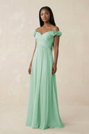 Pleated Off - the - Shoulder A - Line Chiffon Bridesmaid Dress in Pale Pistachio - KissProm Bridesmaid Dresses