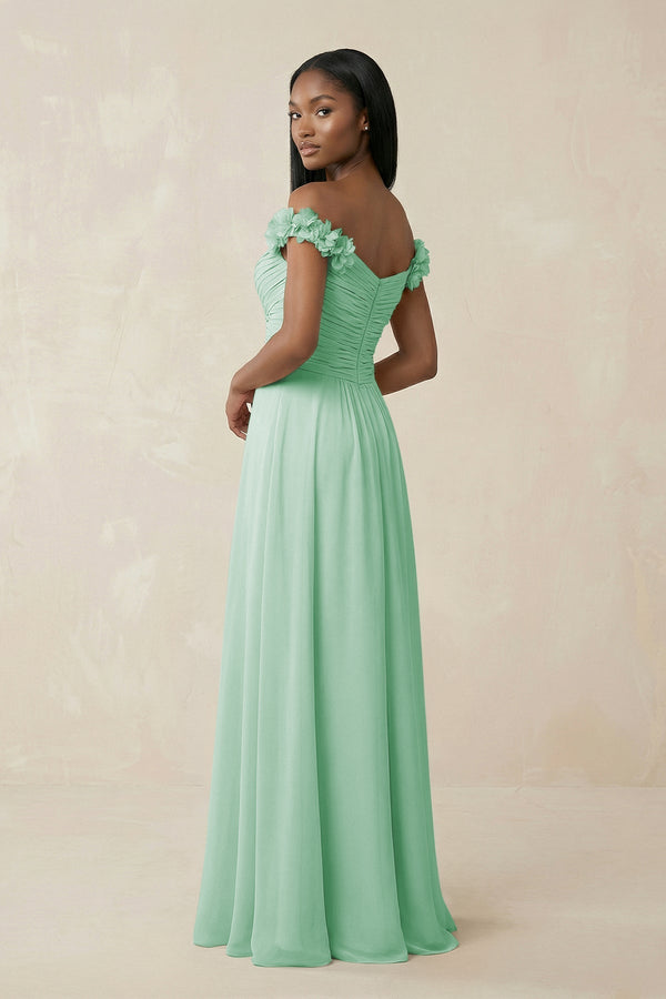Pleated Off - the - Shoulder A - Line Chiffon Bridesmaid Dress in Pale Pistachio - KissProm Bridesmaid Dresses