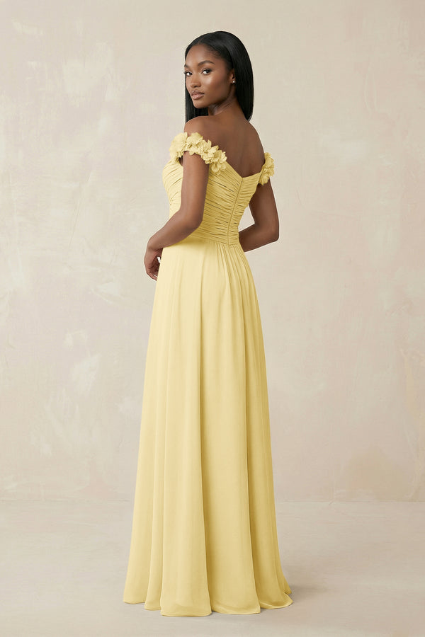 Pleated Off - the - Shoulder A - Line Chiffon Bridesmaid Dress in Pastel Yellow - KissProm Bridesmaid Dresses