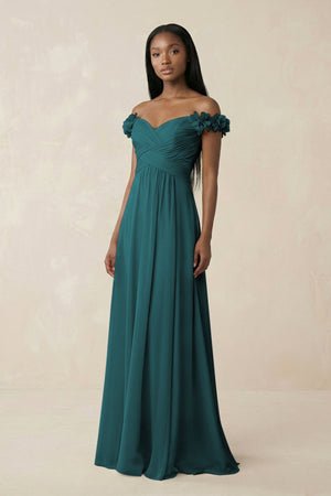 KissProm Pleated Off-the-Shoulder A-Line Chiffon Bridesmaid Dress in Pine, Pine / 2