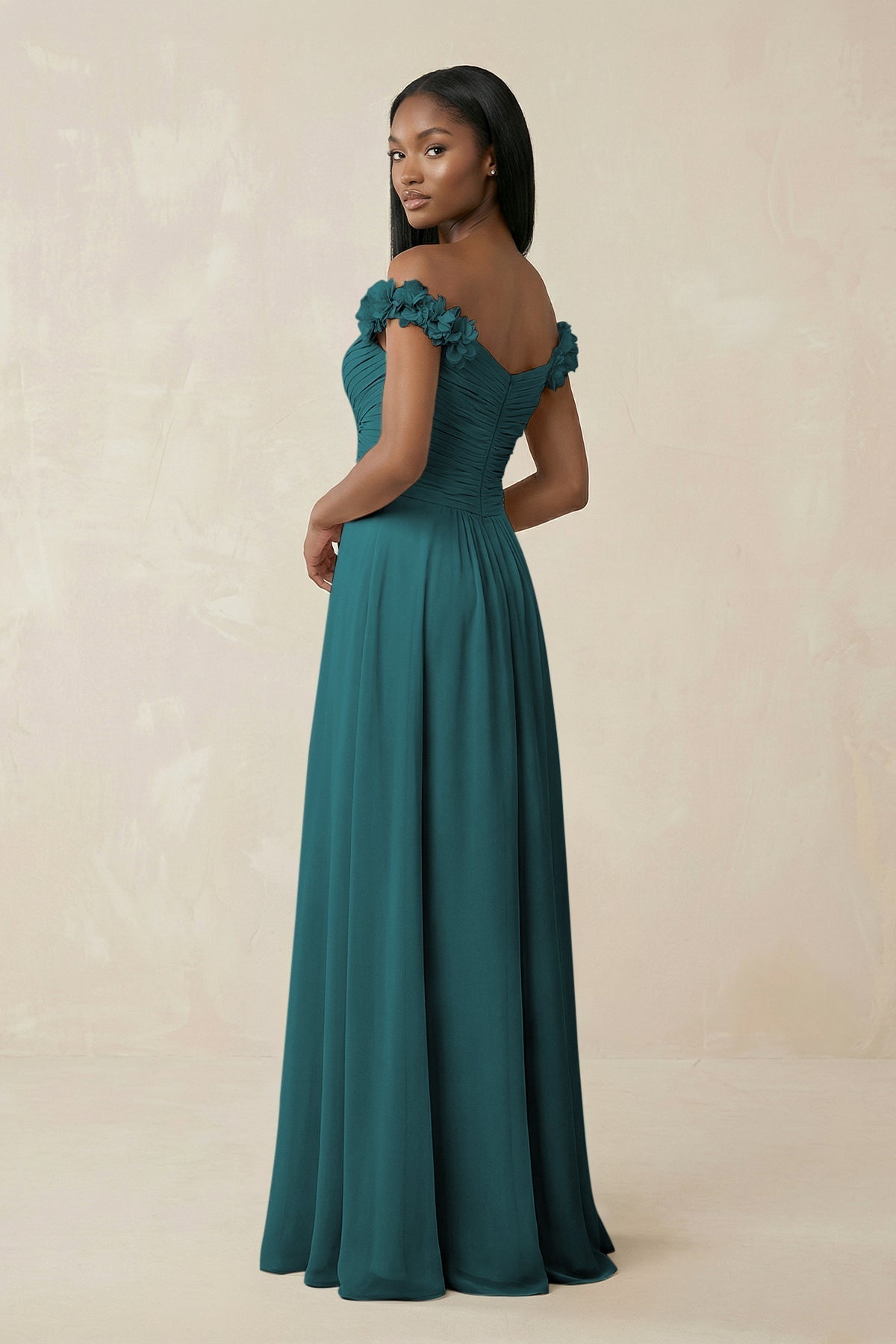 KissProm Pleated Off-the-Shoulder A-Line Chiffon Bridesmaid Dress in Pine, Pine / 2