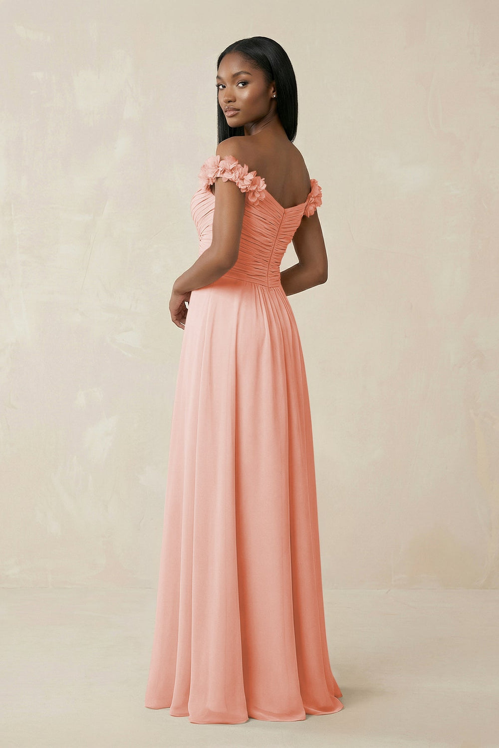 Pleated Off - the - Shoulder A - Line Chiffon Bridesmaid Dress in Rose Petal - KissProm Bridesmaid Dresses
