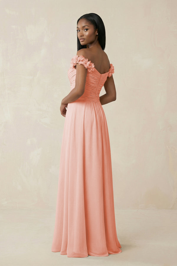 Pleated Off - the - Shoulder A - Line Chiffon Bridesmaid Dress in Rose Petal - KissProm Bridesmaid Dresses