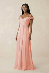 Pleated Off - the - Shoulder A - Line Chiffon Bridesmaid Dress in Rose Petal - KissProm Bridesmaid Dresses