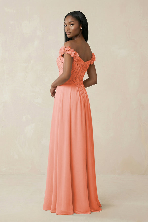 Pleated Off - the - Shoulder A - Line Chiffon Bridesmaid Dress in Rosette - KissProm Bridesmaid Dresses
