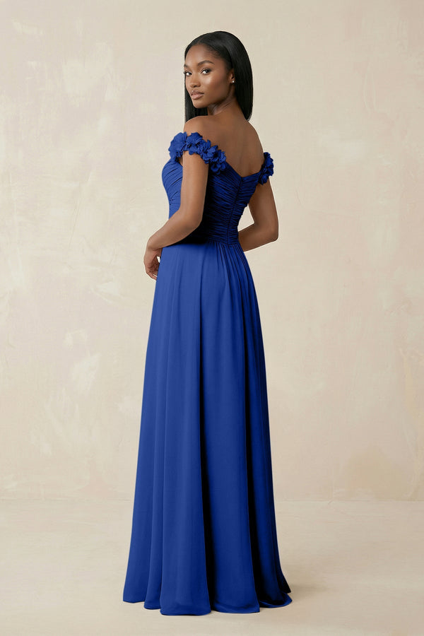 Pleated Off - the - Shoulder A - Line Chiffon Bridesmaid Dress in Royal Blue - KissProm Bridesmaid Dresses