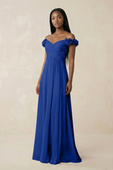 Pleated Off - the - Shoulder A - Line Chiffon Bridesmaid Dress in Royal Blue - KissProm Bridesmaid Dresses