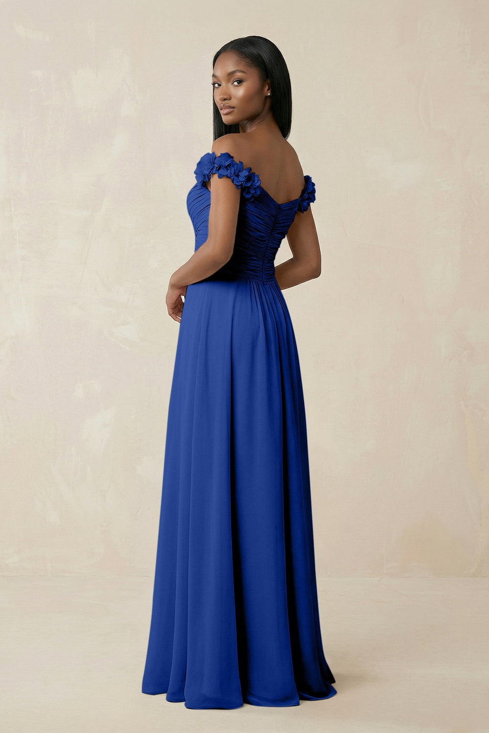 Pleated Off - the - Shoulder A - Line Chiffon Bridesmaid Dress in Royal Blue - KissProm Bridesmaid Dresses