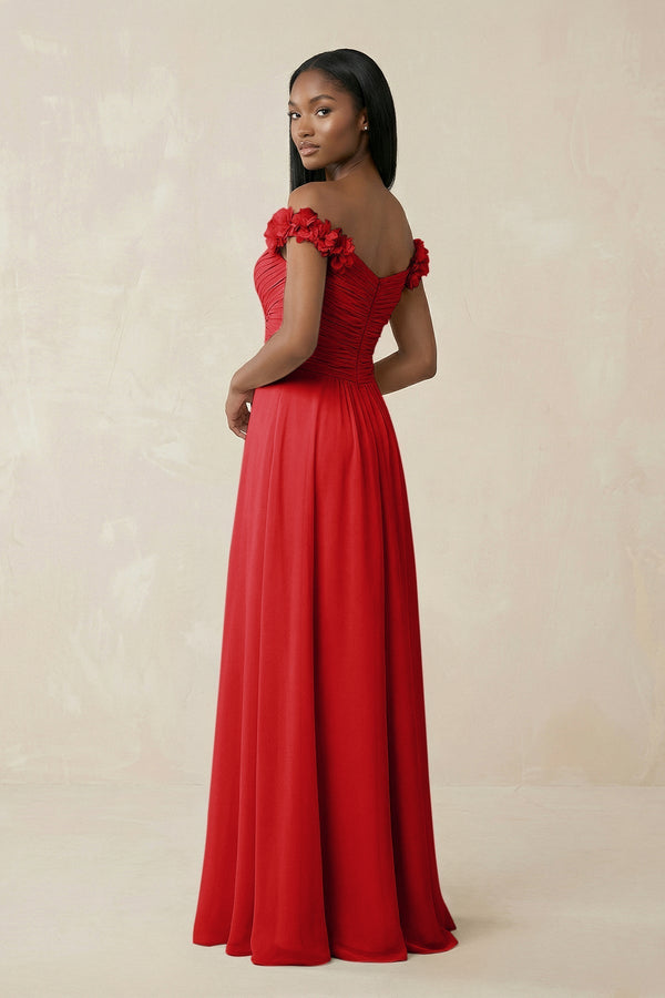 Pleated Off - the - Shoulder A - Line Chiffon Bridesmaid Dress in Ruby Red - KissProm Bridesmaid Dresses