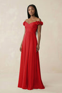 Pleated Off - the - Shoulder A - Line Chiffon Bridesmaid Dress in Ruby Red - KissProm Bridesmaid Dresses