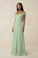 Pleated Off-the-Shoulder A-Line Chiffon Bridesmaid Dress in Sage - KissProm BRIDESMAID DRESSES