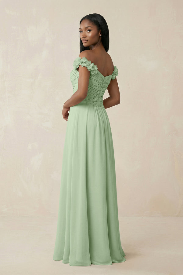 Pleated Off-the-Shoulder A-Line Chiffon Bridesmaid Dress in Sage - KissProm BRIDESMAID DRESSES
