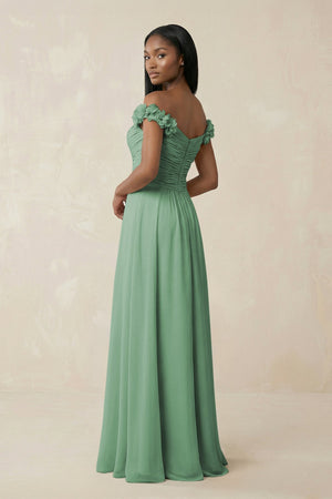 Pleated Off - the - Shoulder A - Line Chiffon Bridesmaid Dress in Sea Glass - KissProm Bridesmaid Dresses