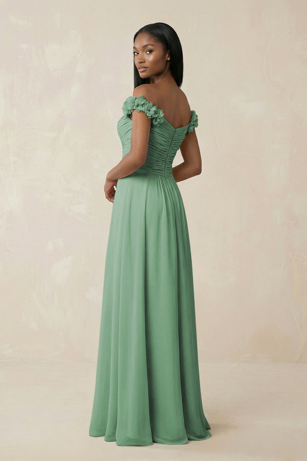 Pleated Off - the - Shoulder A - Line Chiffon Bridesmaid Dress in Sea Glass - KissProm Bridesmaid Dresses