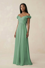 Pleated Off - the - Shoulder A - Line Chiffon Bridesmaid Dress in Sea Glass - KissProm Bridesmaid Dresses