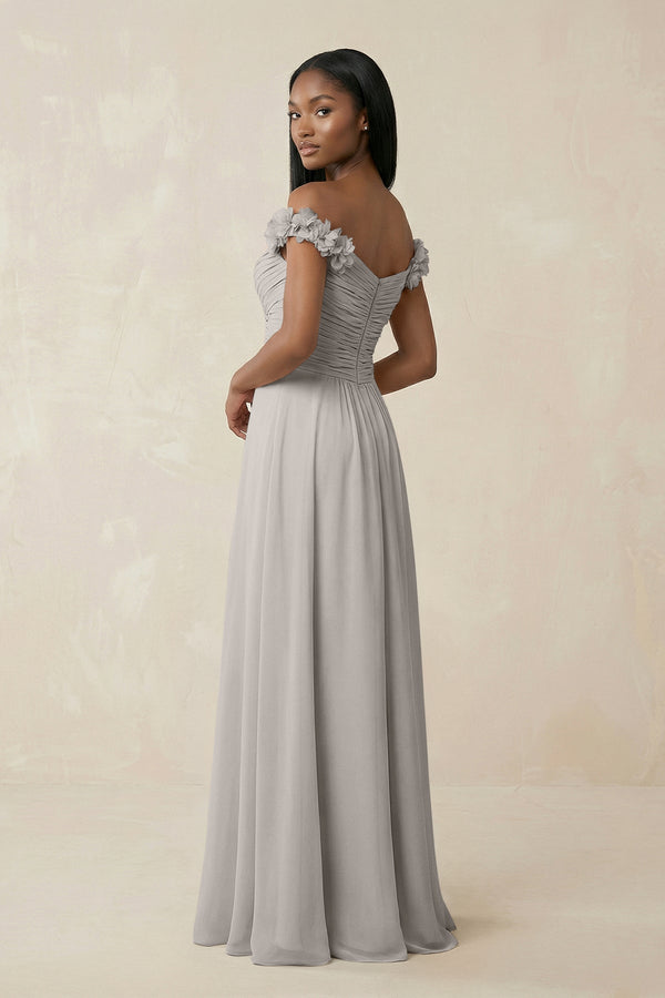 Pleated Off - the - Shoulder A - Line Chiffon Bridesmaid Dress in Silver - KissProm Bridesmaid Dresses