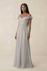 Pleated Off - the - Shoulder A - Line Chiffon Bridesmaid Dress in Silver - KissProm Bridesmaid Dresses