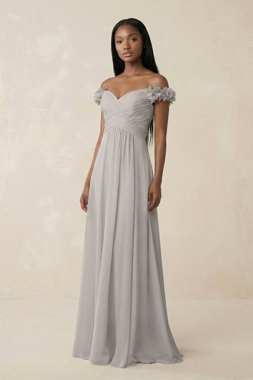 Pleated Off - the - Shoulder A - Line Chiffon Bridesmaid Dress in Silver - KissProm Bridesmaid Dresses
