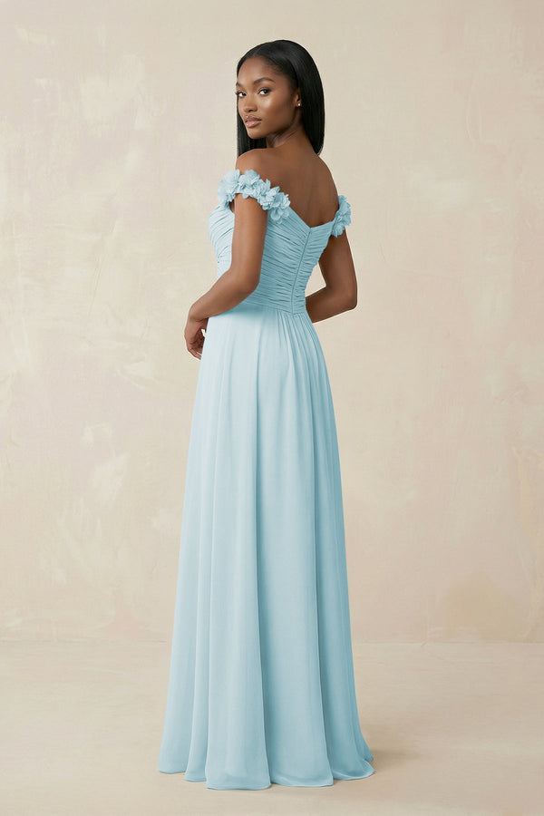 Pleated Off - the - Shoulder A - Line Chiffon Bridesmaid Dress in Sky Blue - KissProm Bridesmaid Dresses