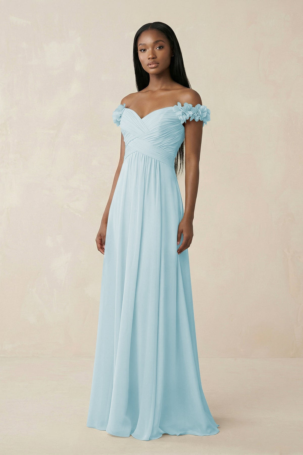 Pleated Off - the - Shoulder A - Line Chiffon Bridesmaid Dress in Sky Blue - KissProm Bridesmaid Dresses