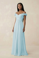 Pleated Off - the - Shoulder A - Line Chiffon Bridesmaid Dress in Sky Blue - KissProm Bridesmaid Dresses