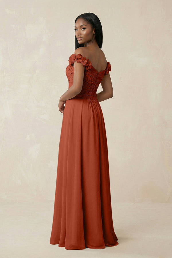 Pleated Off - the - Shoulder A - Line Chiffon Bridesmaid Dress in Spice - KissProm Bridesmaid Dresses