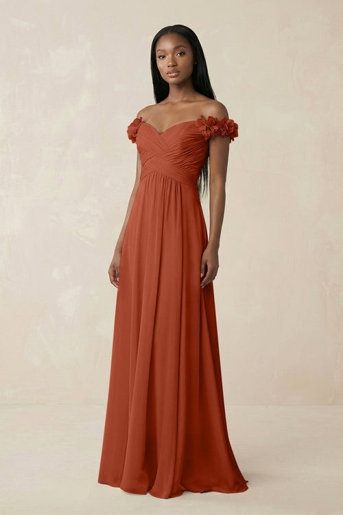 Pleated Off - the - Shoulder A - Line Chiffon Bridesmaid Dress in Spice - KissProm Bridesmaid Dresses