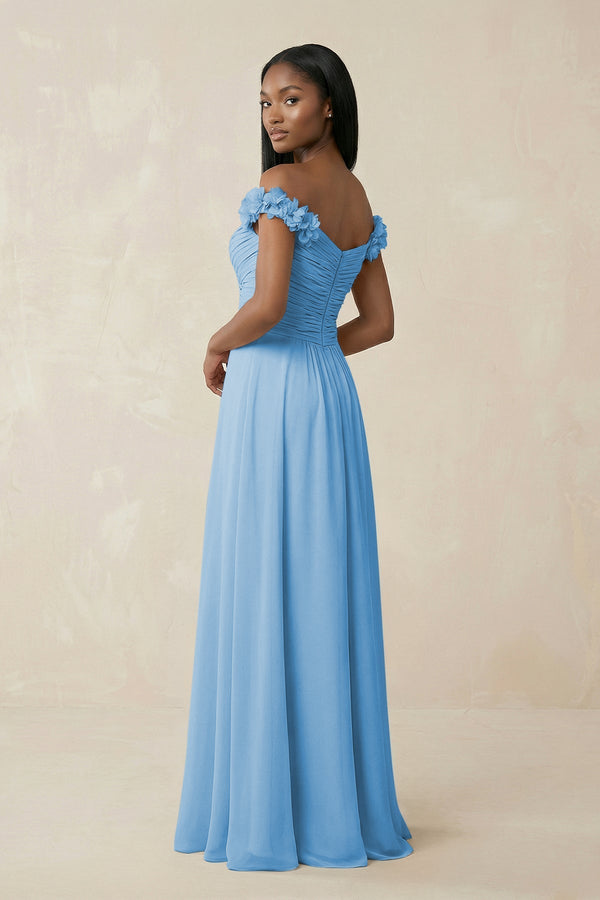 Pleated Off - the - Shoulder A - Line Chiffon Bridesmaid Dress in Steel Blue - KissProm Bridesmaid Dresses