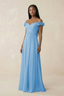 Pleated Off - the - Shoulder A - Line Chiffon Bridesmaid Dress in Steel Blue - KissProm Bridesmaid Dresses