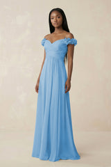 Pleated Off - the - Shoulder A - Line Chiffon Bridesmaid Dress in Steel Blue - KissProm Bridesmaid Dresses