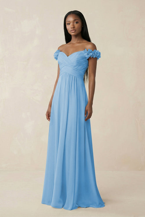 Pleated Off - the - Shoulder A - Line Chiffon Bridesmaid Dress in Steel Blue - KissProm Bridesmaid Dresses