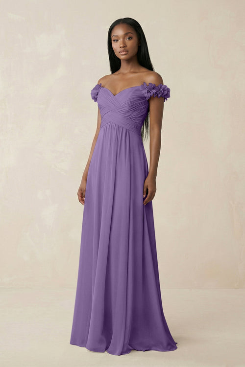 Pleated Off - the - Shoulder A - Line Chiffon Bridesmaid Dress in Tahiti - KissProm Bridesmaid Dresses