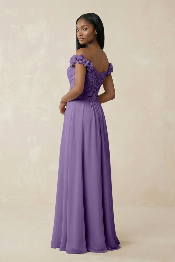 Pleated Off - the - Shoulder A - Line Chiffon Bridesmaid Dress in Tahiti - KissProm Bridesmaid Dresses