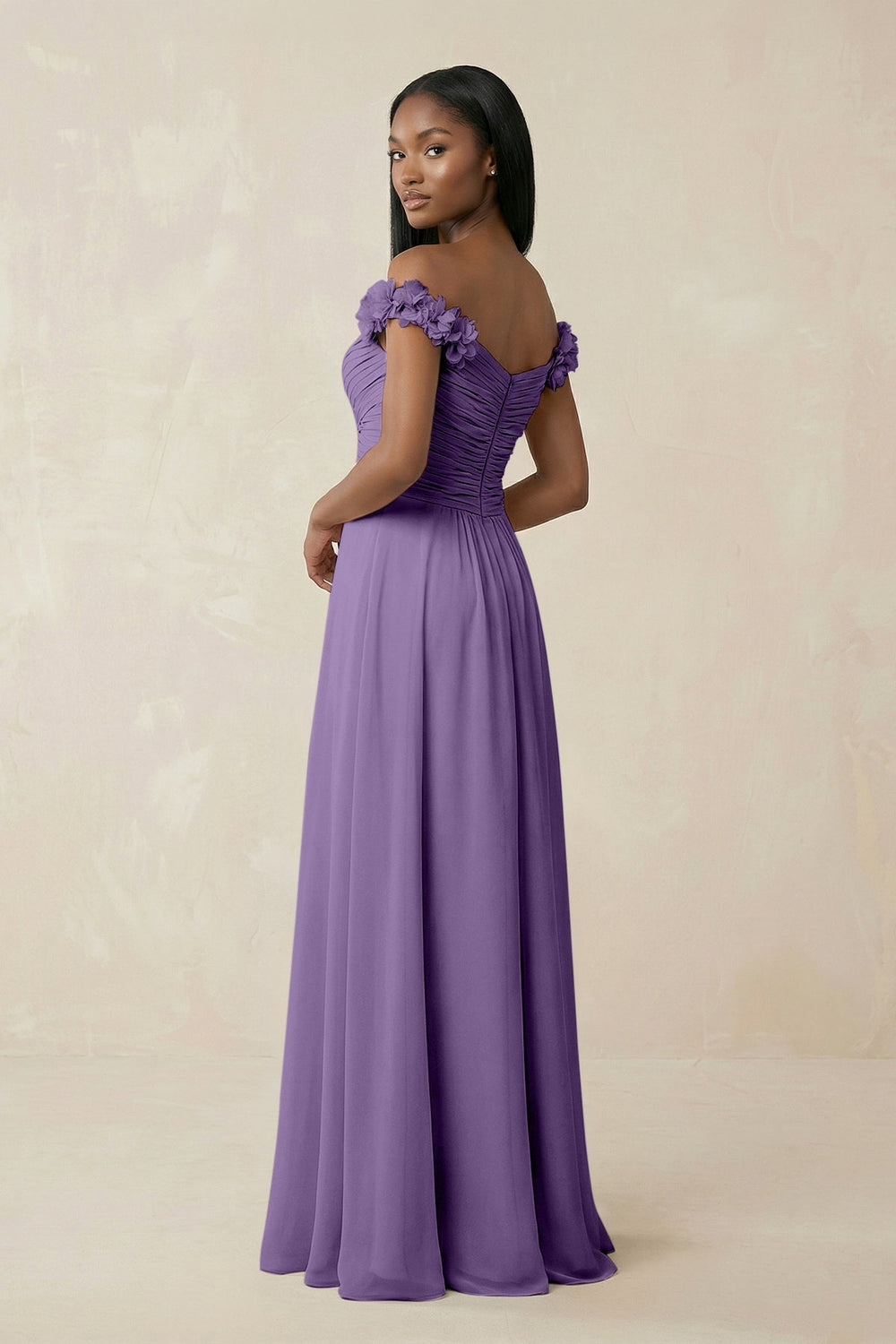 Pleated Off - the - Shoulder A - Line Chiffon Bridesmaid Dress in Tahiti - KissProm Bridesmaid Dresses