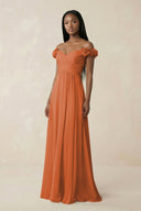 Pleated Off - the - Shoulder A - Line Chiffon Bridesmaid Dress in Terracotta - KissProm Bridesmaid Dresses